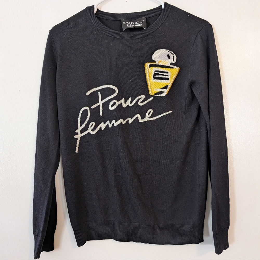 Moschino Black Sweater with White Script and Yellow Patch